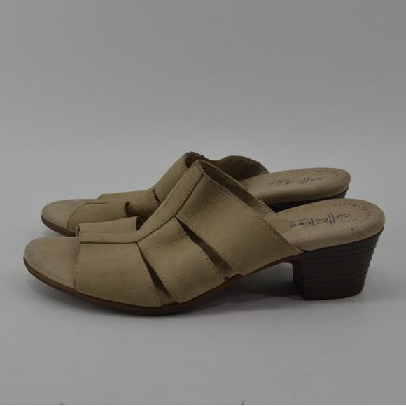 Clarks Size 8 Womens Tan Beige Leather Slip On Sandals Mules - Picture 11 of 13